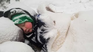 Winter Survival Camping with 4 yr old in Alaska  Primitive Survival Shelter [upl. by Aneg]