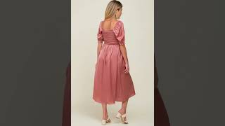 Pink Satin Puff Sleeve Maternity Midi Dress [upl. by Longo]