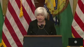 20241022 Treasury seal falls during Janet Yellen remarks [upl. by Hillary]