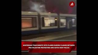 Amsterdam tram bursts into flames during clashes between Palestine protesters and Dutch riot police [upl. by Attevroc]