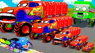 Big amp Small Lightning McQueen Spider vs Long Slide Game with Trains vs Portal Trap  BeamNGDrive [upl. by Pancho]