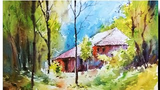 A beautiful landscape with a house in sunlight in watercolourin milind mulick sir wayby Rahul [upl. by Gmur]