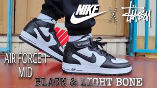 Nike Air Force 1 Mid x Stüssy Black and Light Bone Unboxing and On Feet Review [upl. by Addis]