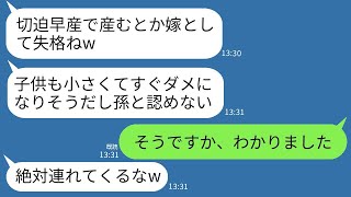 切迫早産で子供を産んだ嫁に対して、姑が「小さいwすぐダメになりそうだし孫失格w」と宣告してキレた。お望み通りに一生会わせないと通告した結果が面白かった。 [upl. by Leuqim792]