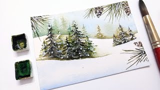 Step by step layered winter pine trees » How to paint a watercolor winter landscape for beginners [upl. by Anneyehc532]