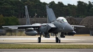 FRIENDLY US AIR FORCE F15 PILOT’S WAVES TO SPOTTERS BEFORE TAKE OFF AT RAF LAKENHEATH  4924 4K [upl. by Aretha]