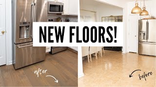 HOW TO INSTALL HARDWOOD FLOORS AS A BEGINNER I Engineered Hardwood Floors I Kitchen Makeover Pt 1 [upl. by Downes]