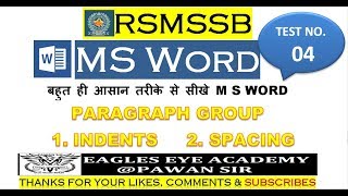 RSMSSB LDC M S WORD EFFICIENCY TEST 04 PARAGRAPH GROUP INDENT SPACING [upl. by Nonnaihr]