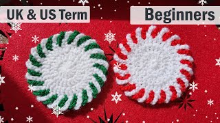 Peppermint Coasters Crochet Christmas Project for Beginners Spiral Crochet Coasters Candy Cane DIY [upl. by Chandler]