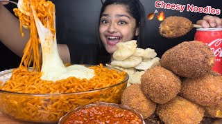 CHEESY SPICY FIRE NOODLES 🍝CRISPY CHEESY CHICKEN DRUMSTICKS KEBABS 🍗 WITH CHICKEN MOMOS MUKBANG🔥 [upl. by Bravin]