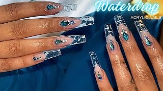 NAILEDBYRII  Blue Water Droplet Acrylic Nails  How To Do Raindrop Nails [upl. by Bonnell875]