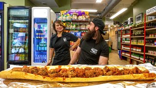 WIN 50 CASH IF YOU CAN FINISH THIS GIANT MEATBALL SUB IN CHICAGO  BeardMeatsFood [upl. by Annabel]