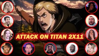 Youtubers react to ERWINS ADVAAANCE Attack On Titan Season 2 Episode 11 [upl. by Nnayr611]