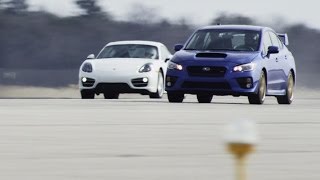 2015 Subaru WRX STI vs 2014 Porsche Cayman  STANDING MILE [upl. by Marley]