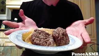 Eating Greek Roasted Burgers with potatoes 4  Panos ASMR Greek Mukbang [upl. by Amalia]