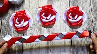 Amazing ribbon flower trick  easy rose making with Ruler ribbon flower crafts ideas [upl. by Mlohsihc901]