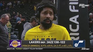 Spencer Dinwiddie 10pts talks after LeBronless Lakers rout Jazz 138122 [upl. by Aihtenak]