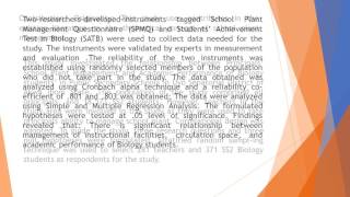 Principals’ School Plant Management and Academic Performance of Biology Students in Public Secondary [upl. by Forcier648]