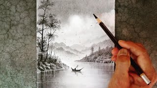 How to draw landscape of mountains treesbushes water lake and boating with pencils [upl. by Kerrison]