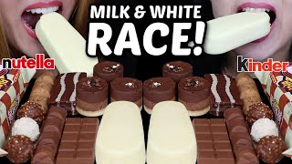 ASMR MILK amp WHITE CHOCOLATE RACE BIG ICE CREAM BARS MINI MOUSSE CAKES NUTELLA KINDER FERRERO 먹방 [upl. by Olsson]