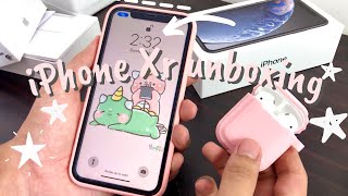 iPhone Xr Aesthetic unboxing 2021  AirPods and accessories [upl. by Nymzaj]