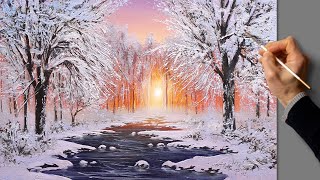 Acrylic Landscape Painting  Winter Sunset  Easy Art  Drawing Lessons  Satisfying Relaxing [upl. by Yenahc501]