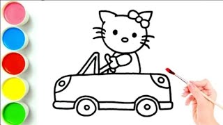 Hello Kitty driving a car drawing amp painting for kids hello Kitty hand drawing [upl. by Olds199]