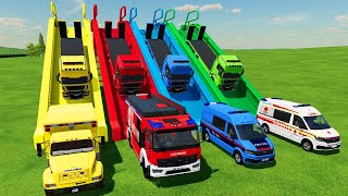 ALL POLICE CARS OF COLORS  TRANSPORTING COLORED POLICE CARS with TRUCKS  Farming Simulator 22 [upl. by Hakilam]