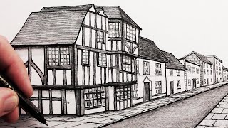 How to Draw Buildings in Detail A Street in OnePoint Perspective [upl. by Bron779]