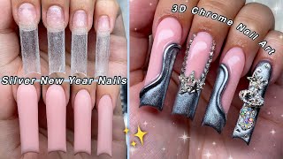 SILVER NEW YEAR NAILS✨ EASY POLYGEL APPLICATION amp 3D CHROME NAIL ART  Nail Tutorial [upl. by Able941]