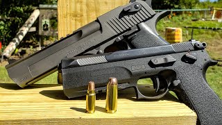 Worlds Most Powerful Pistols vs 6X6 PINE  50AE vs 75FK [upl. by Aisak]