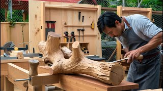 Woodworking Genius  Crafting the Most Unique Cafe Table from Eccentric Tree Trunk by Master Artisan [upl. by Ilario]