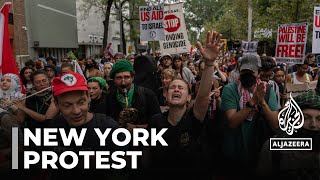 Rallies held against visiting Israeli PM protesters gather near UN HQ in New York [upl. by Llewxam637]