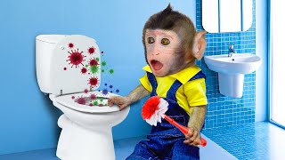 Baby monkey KaKa goes to clean the Toilet with full of Foamy Bubble Toilet [upl. by Lesab]