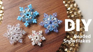 DIY❄️Beaded Snowflake tutorial雪の結晶の作り方❄︎ How to makeChristmascharmテグス編みクリスマス冬ビーズアクセサリーにも [upl. by Eatnoed]