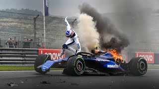 Logan Sargeants BRUTAL crash at Dutch GP His car caught fire [upl. by Turoff]