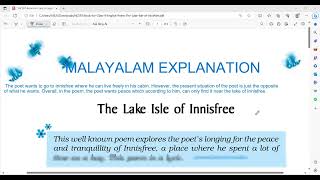 THE LAKE ISLE OF INNISFREEMALAYALAM EXPLANATION NCERT ENGLISH CLASS 9 POEM [upl. by Daahsar]