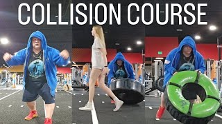 SANDMAN COLLISION COURSE TIRE FLIPPING ROWING MACHINE MEDICINE BALL SLAMMA JAMMA ON CROSSFIT TRACK [upl. by Ahsinek510]