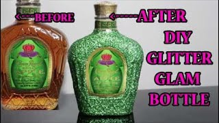 DIY GREEN GLITTER CROWN ROYAL GLAM BOTTLE HOW TO SEAL GLITTER W MOD PODGE CLEAR SEALANT SPRAY [upl. by Ilenay]