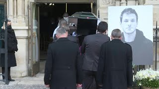 Pallbearers carry coffin of French actor killed in skiing accident  AFP [upl. by Nihsfa914]