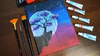 Cómo Pintar un Paisaje de Bosque y Luna  Técnicas de Pintura Acrílica Fácil [upl. by Sibie874]