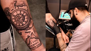 Forearm Travel amp Clock Tattoo by tattoosbyabhishek [upl. by Hyams]