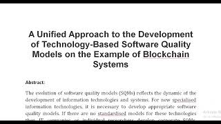 A Unified Approach to the Development of Technology Based Software Quality Models on the Example of [upl. by Odrautse]