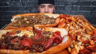 ASMR NO TALKING PEPPERONI STEAK PHILLY CHEESESTEAK OG PHILL CHEESESTEAK BUFFALO CHICKEN POUTINE [upl. by Edgard409]