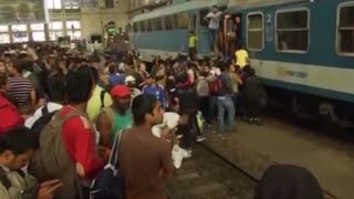 Hungarian authorities hold up train packed with refugees for hours [upl. by Arlina]