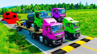 Double Flatbed Trailer Truck vs Speedbumps Train vs Cars BeamngDrive 14 [upl. by Anbul596]