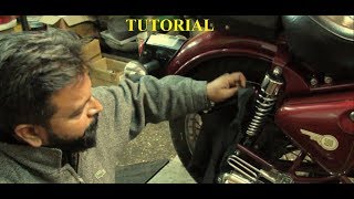 How to adjust Royal Enfield rear suspension  TUTORIALEnglish [upl. by Adena]