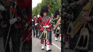 Drum Major Ian Esson leads the Massed Bands through Tomintoul to Highland Games in 2019 shorts [upl. by Htidirem]