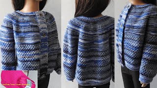 Tuto Tricot Cardigan Enfant Top Down et empiècement arrondi point Mousse en 4 tailles 2 à 10 ans [upl. by Laamaj561]