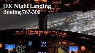 Boeing 767300 JFK Night Landing  Cockpit View [upl. by Anirazc990]